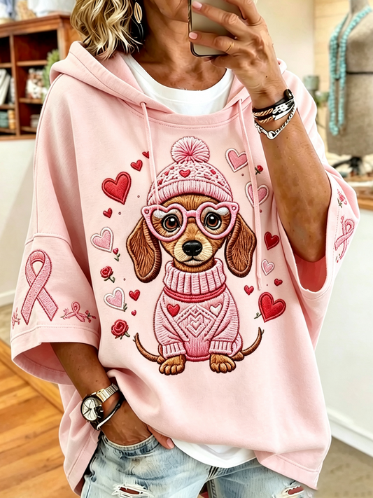 Women'S Casual Animal Dog Pink Hooded Sweatshirt