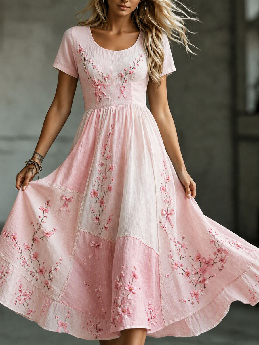 Ladies' Pink Floral Round Neck Short Sleeved Dress