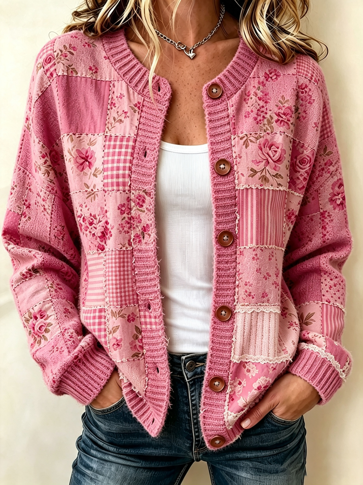 Ladies' Casual Patchwork Knitted Cardigan Top