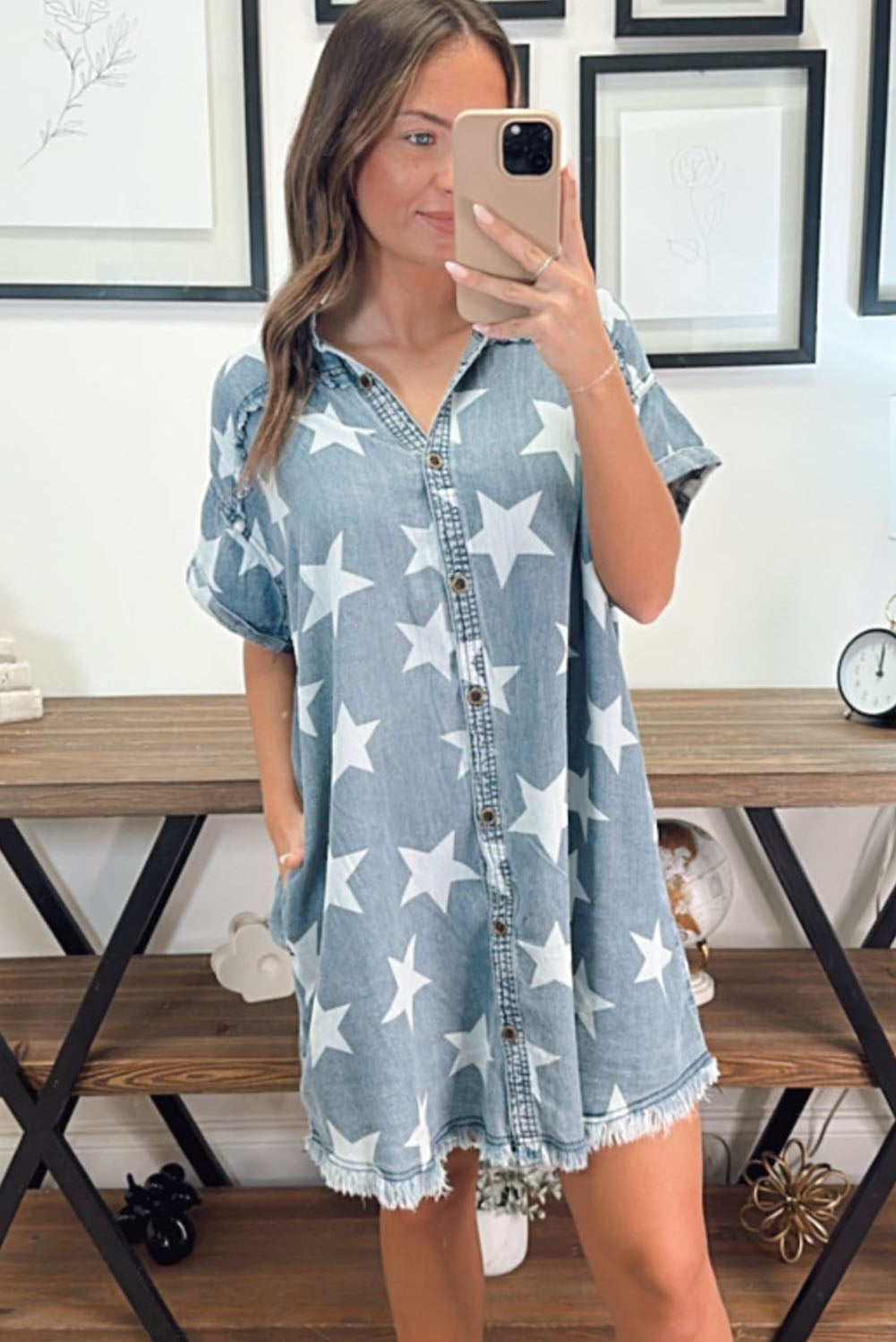 Sky Blue Stars Frayed Hem Collared Short Sleeve Denim Dress