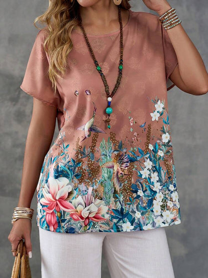 Women's Short Sleeve Round Neck T-Shirt With Bird, Plants And Flowers Print