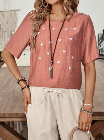 Women's Round Neck Flower Embroidery Casual Short Sleeve Shirt, Summer
