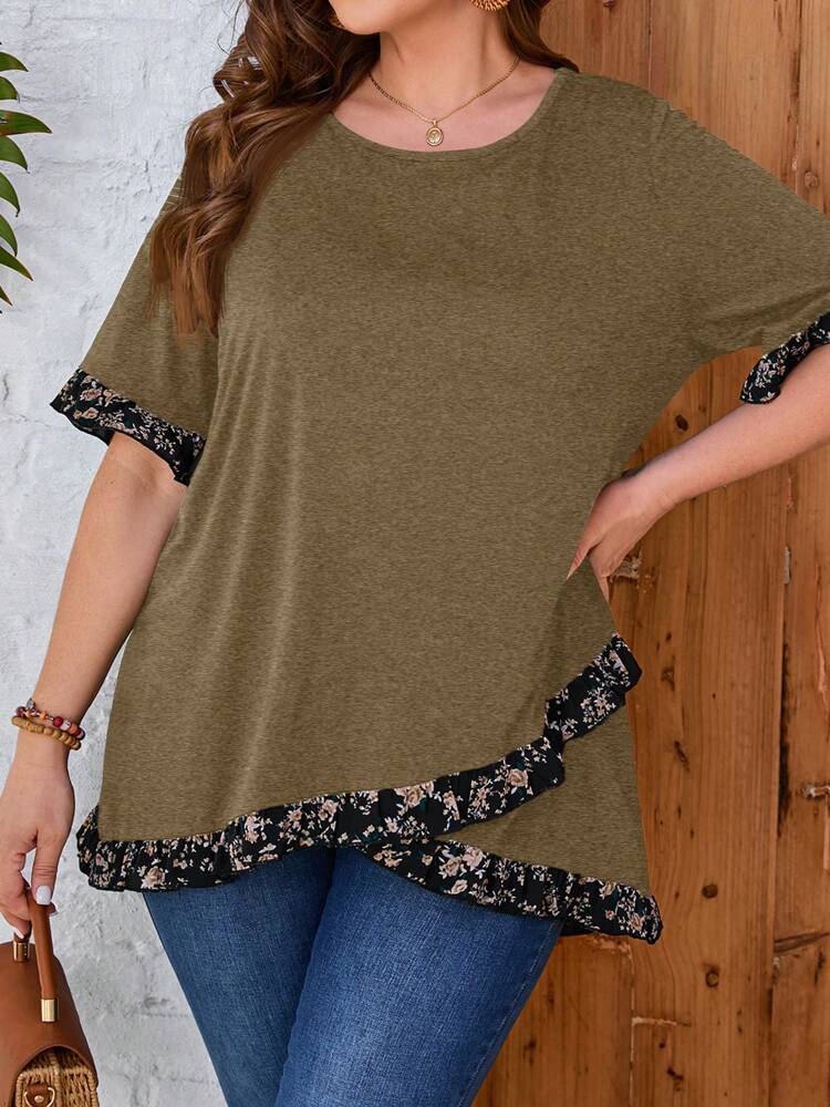 Plus Size Women's Summer Floral Printed Round Neck Short Sleeve Casual T-Shirt