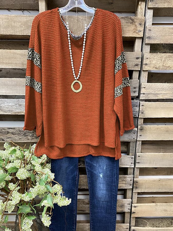 European And American Style Leopard Stitching Design Waffle Long-Sleeved Shirt