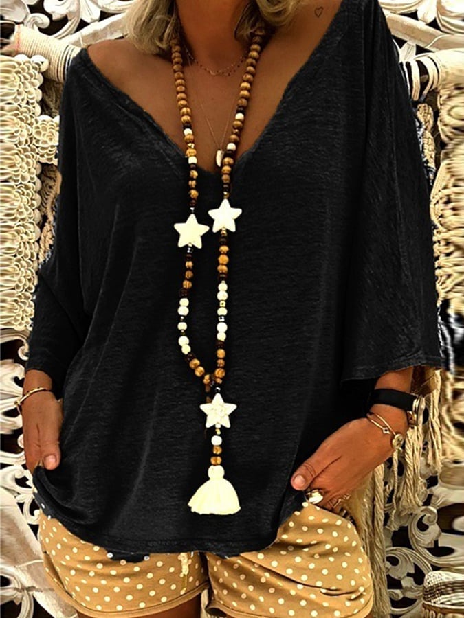 Women's Casual Solid Color Deep V Batwing Sleeve T-Shirt