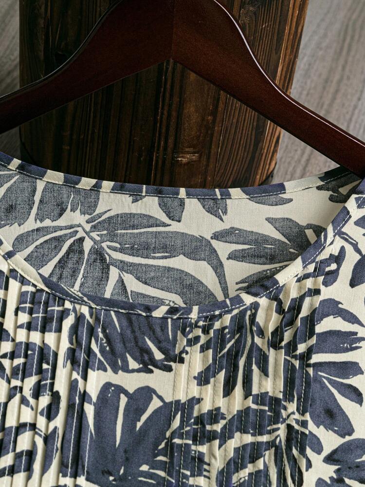 Women Summer Tropical Print Pleated Blouse