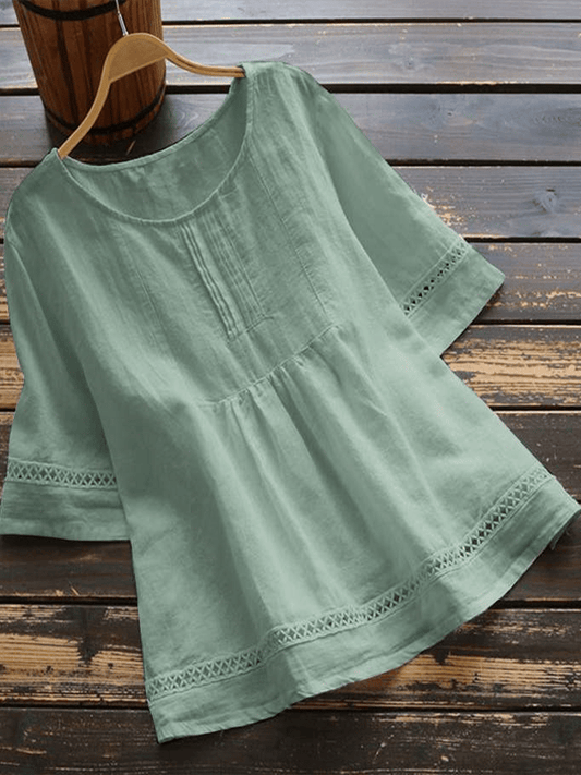 Women's Solid Color Round Neck Patchwork Hollow Out Shirt