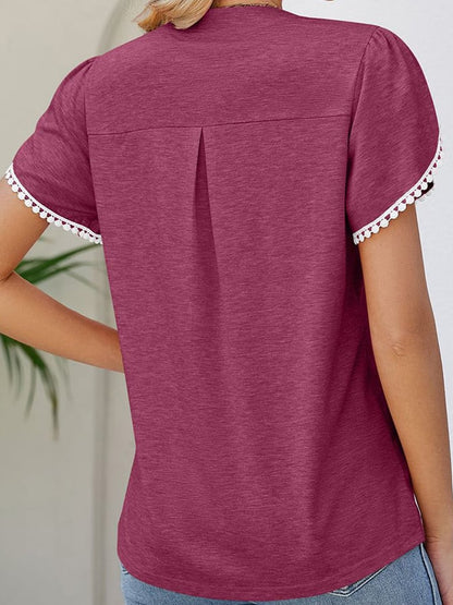 Solid V-neck Lace Short Sleeve Casual Top