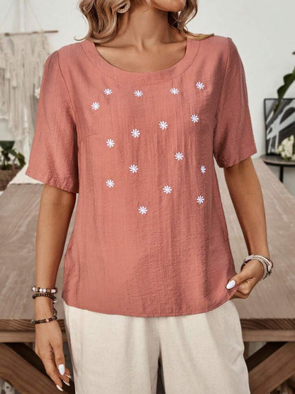 Women's Round Neck Flower Embroidery Casual Short Sleeve Shirt, Summer