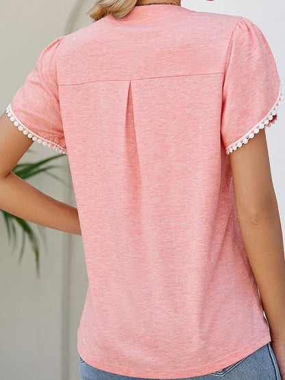 Solid V-neck Lace Short Sleeve Casual Top