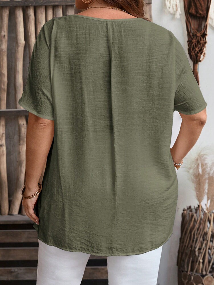 Plus Size Women's Summer Solid Color V-Neck Batwing Short Sleeve Loose Asymmetric Hem Blouse