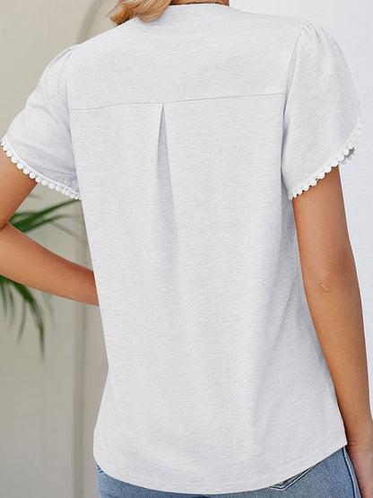 Solid V-neck Lace Short Sleeve Casual Top
