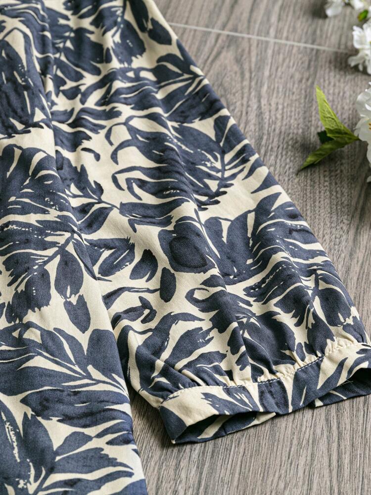 Women Summer Tropical Print Pleated Blouse