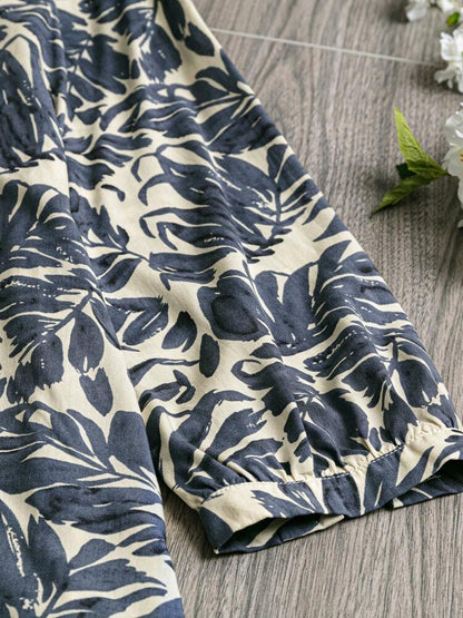 Women Summer Tropical Print Pleated Blouse