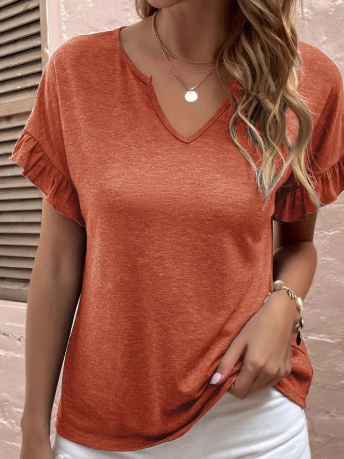 V-Neck Ruffle Short Sleeve T-Shirt