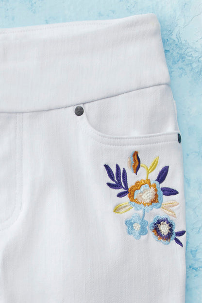 Embroidered Knit Denim Shorts