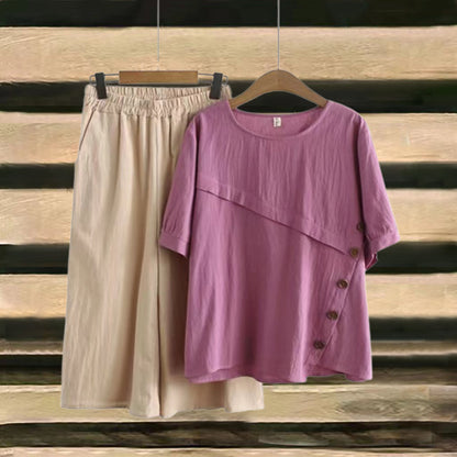 2024 Summer New Arrival Button 2 Pieces Suit Loose Cotton Linen