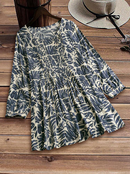 Women Summer Tropical Print Pleated Blouse