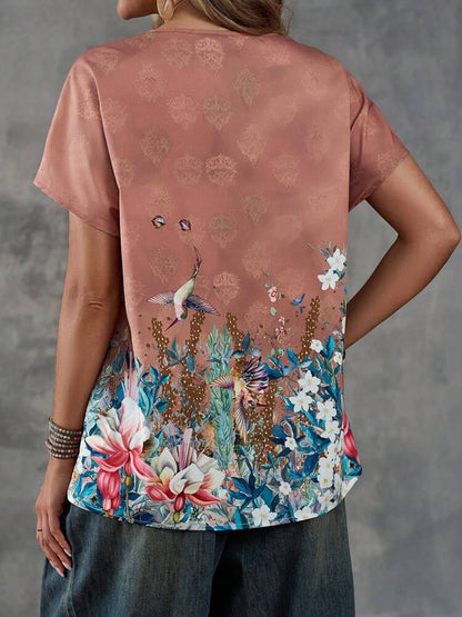 Women's Short Sleeve Round Neck T-Shirt With Bird, Plants And Flowers Print