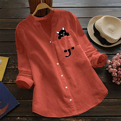 🔥V-neck Cotton And Cat Print Long Sleeve Blouse