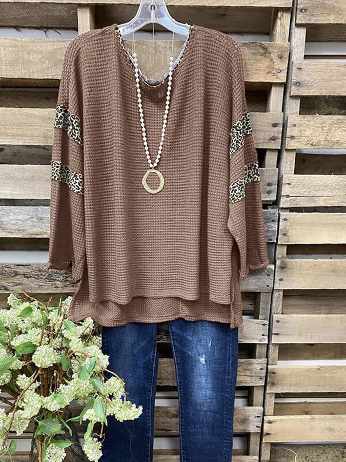 European And American Style Leopard Stitching Design Waffle Long-Sleeved Shirt