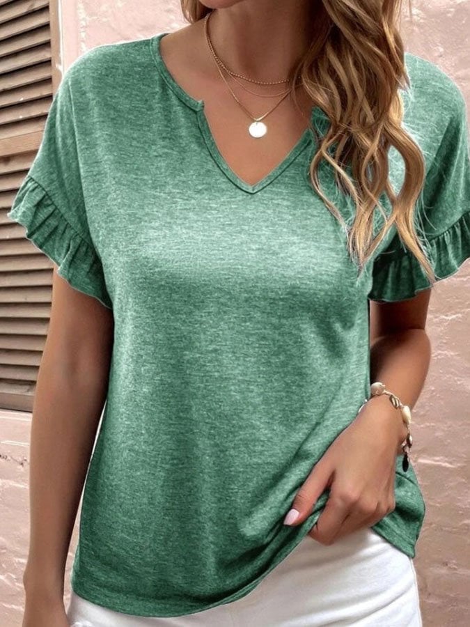 V-Neck Ruffle Short Sleeve T-Shirt