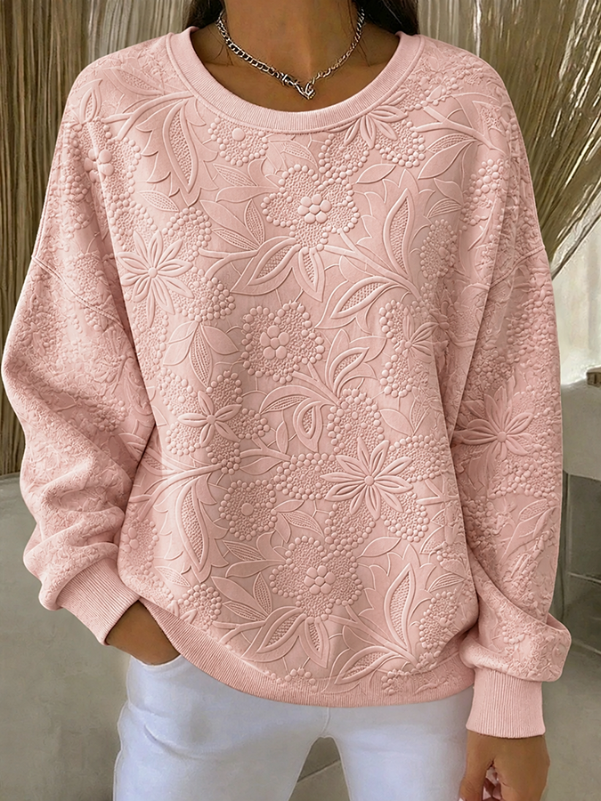 Ladies' Casual Plant Flower Printed Round Neck Sports Shirt