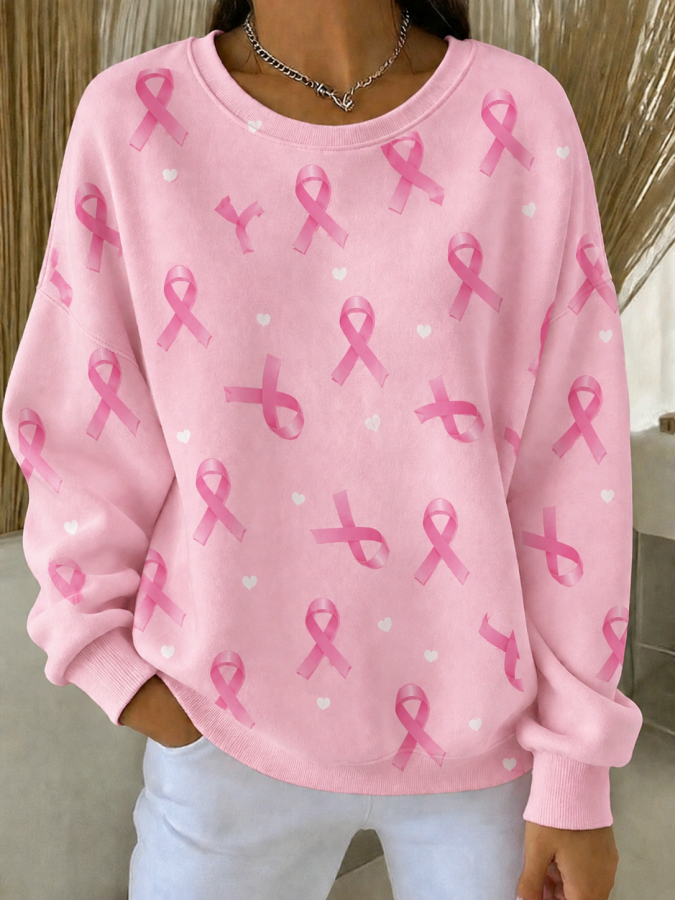 Women'S Breast Cancer Awareness Printed Round Neck Sports Shirt