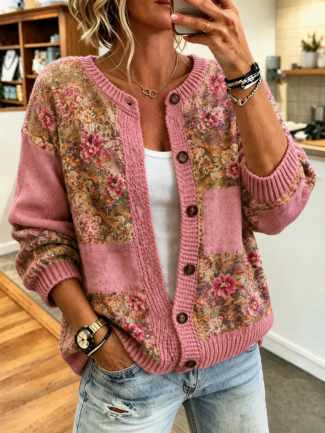Ladies' Casual Southern Floral Knitted Cardigan Top