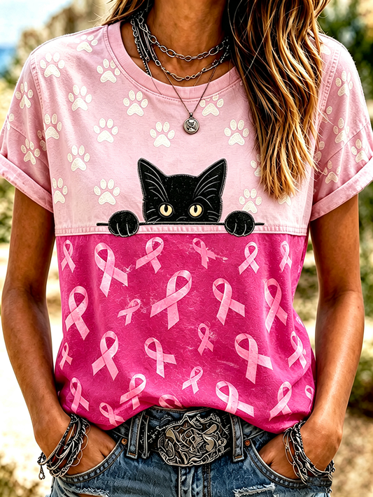 Women's Breast Cancer Awareness Cat Print Tee