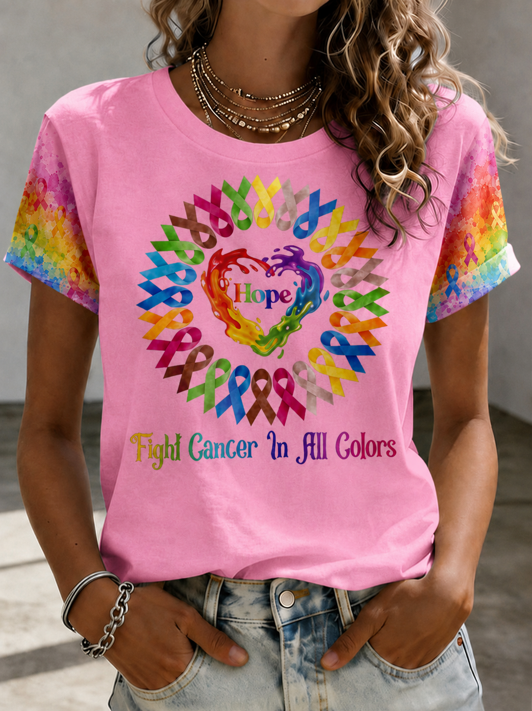 Women Hope Heart All Color Cancer Ribbons Fight Cancer T-Shirt