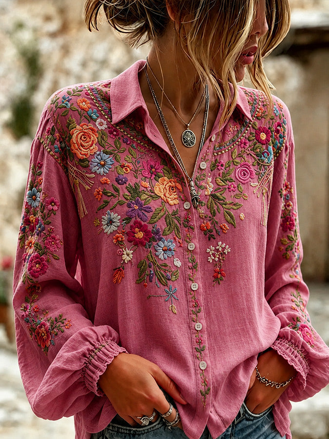 Women'S Casual Floral Printed Bubble Sleeve Shirt