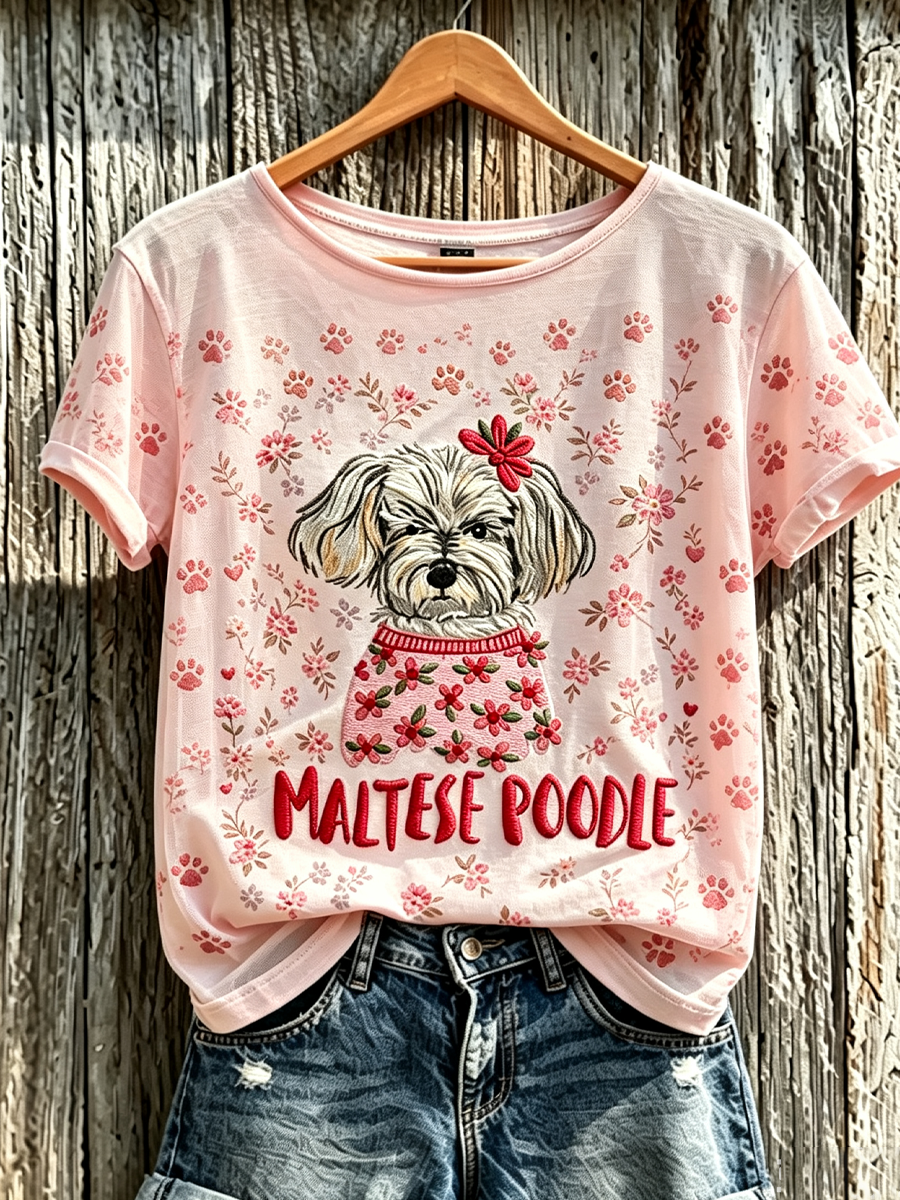 Women'S Animal Dog Floral Print Fashionable Short Sleeved Shirt