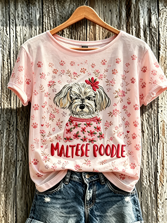 Women'S Animal Dog Floral Print Fashionable Short Sleeved Shirt