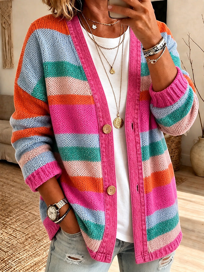 Women'S Casual Knitted Striped Cardigan