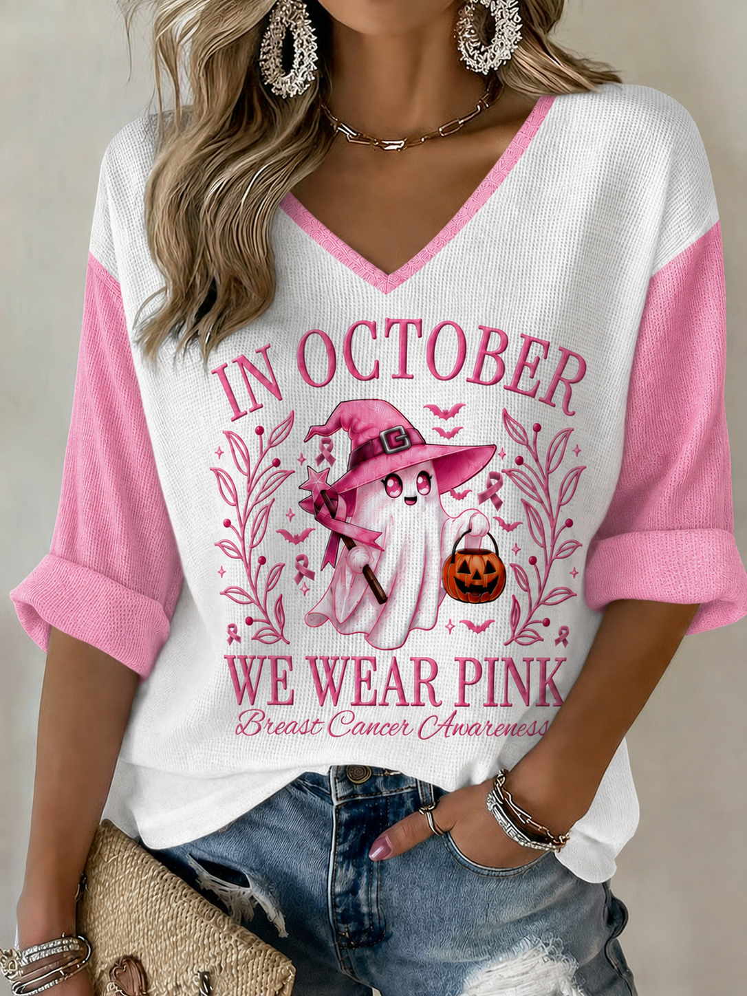 Women's Casual In October We Wear Pink V-neck T-shirt