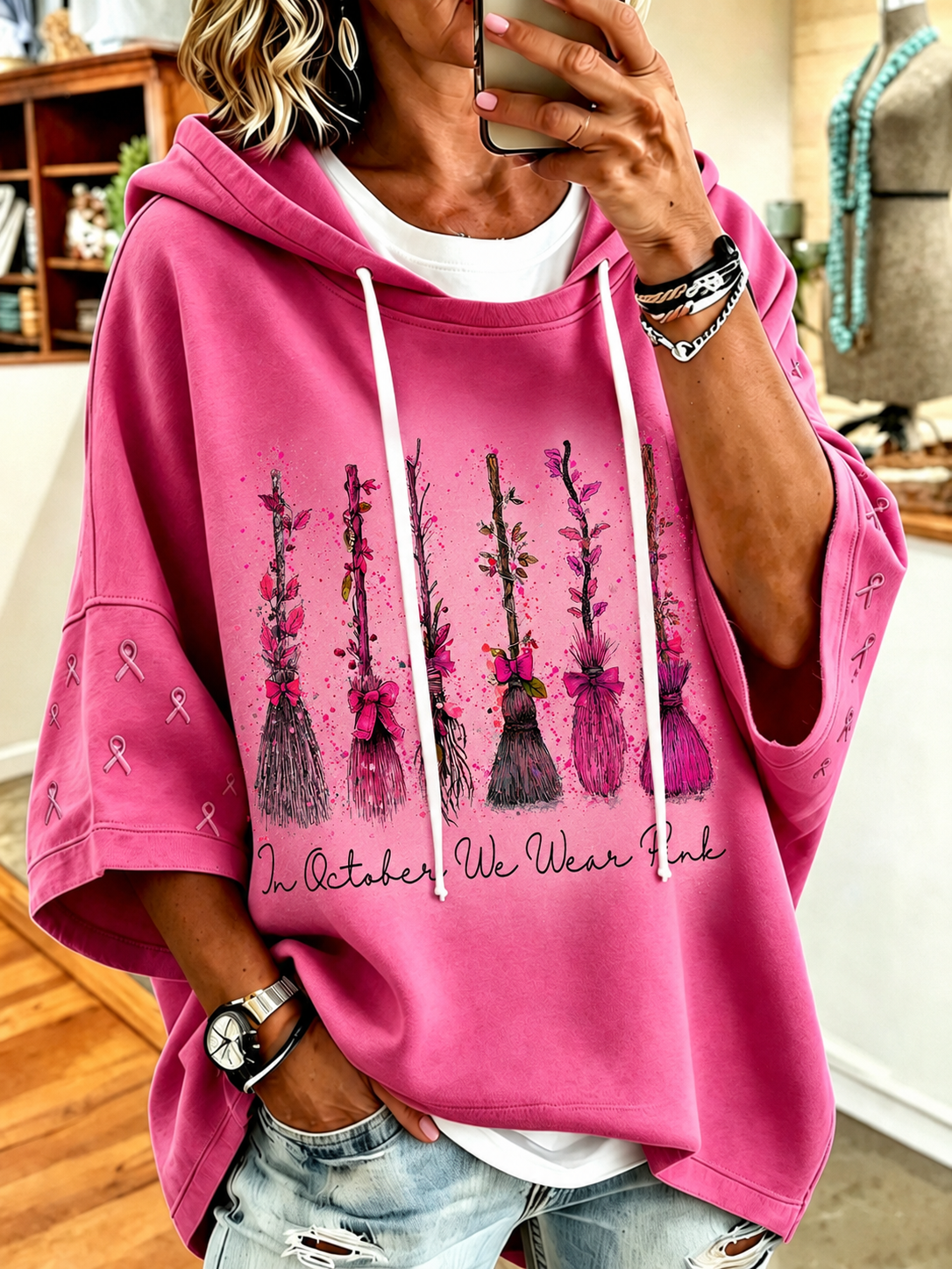 Women'S In October We Wear Pink Print Hoodie
