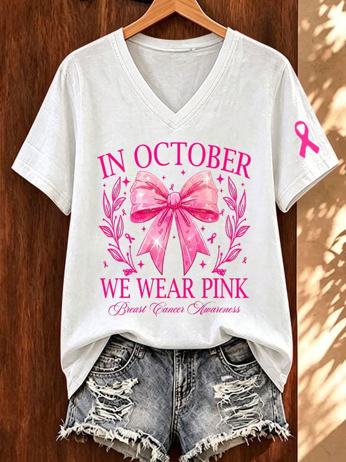 Women'S Breast Cancer Awareness Together We Fight We Win Bow Coquette Printed T-Shirt