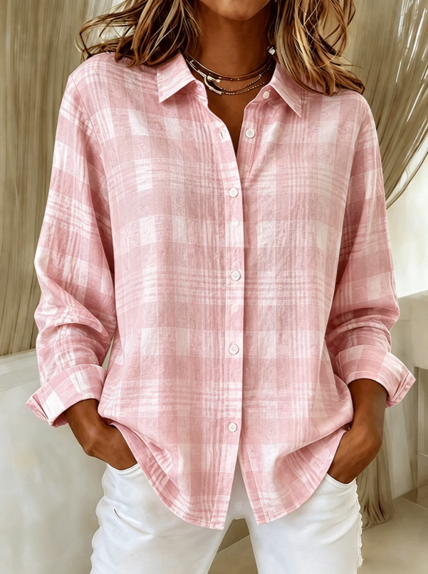 Women'S Pink Striped Printed Lapel Long Sleeved Shirt