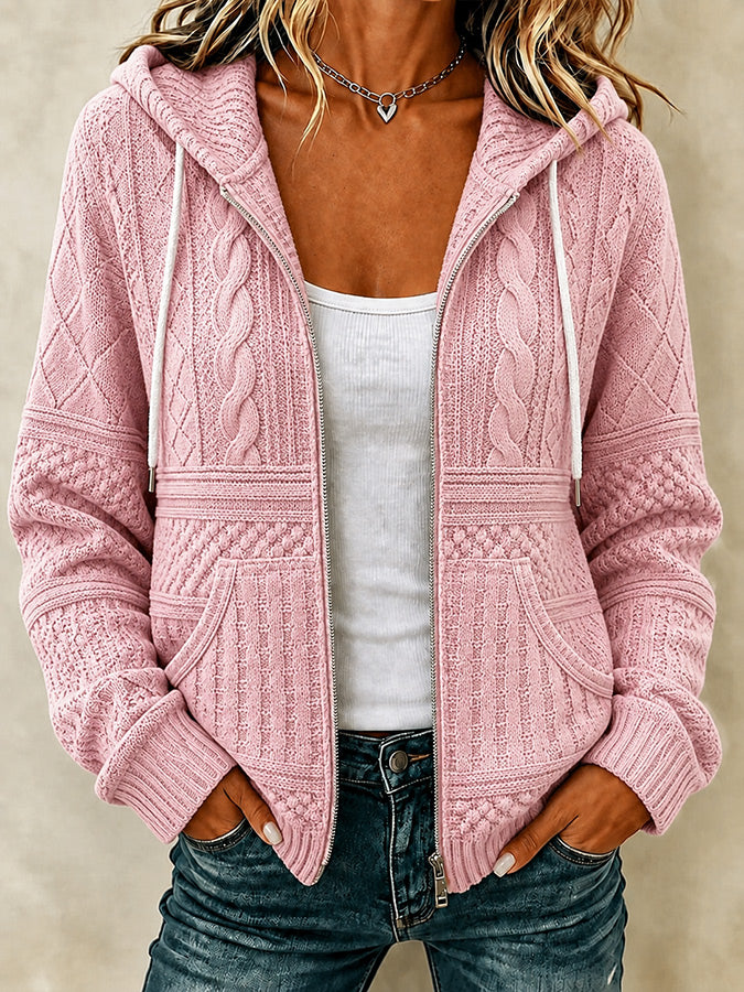 Women'S Casual Knitted Zipper Hooded