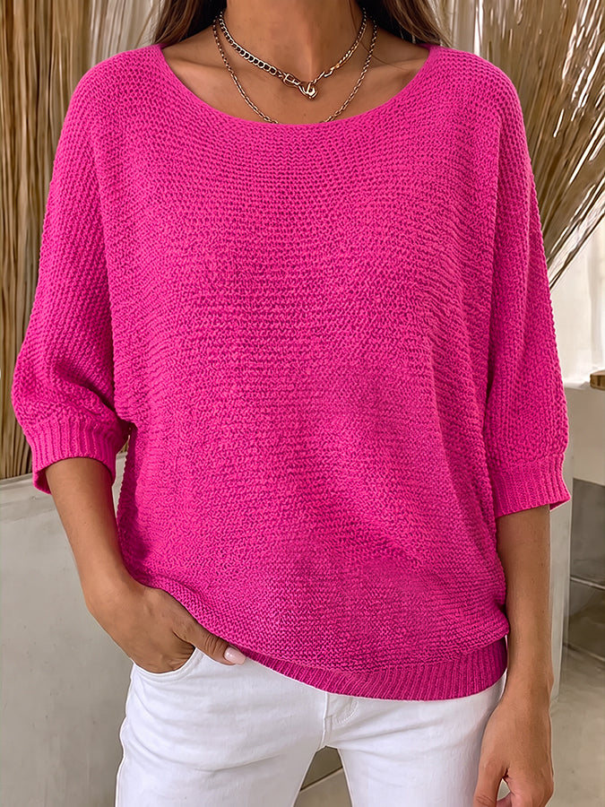 Women'S Solid Color Multi-Color Round Neck Knitted Sweater With Seven Quarter Sleeve Top