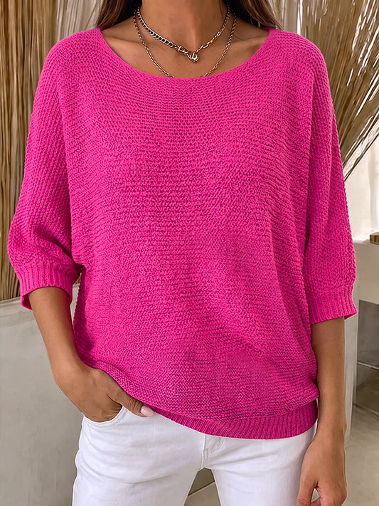 Women'S Solid Color Multi-Color Round Neck Knitted Sweater With Seven Quarter Sleeve Top