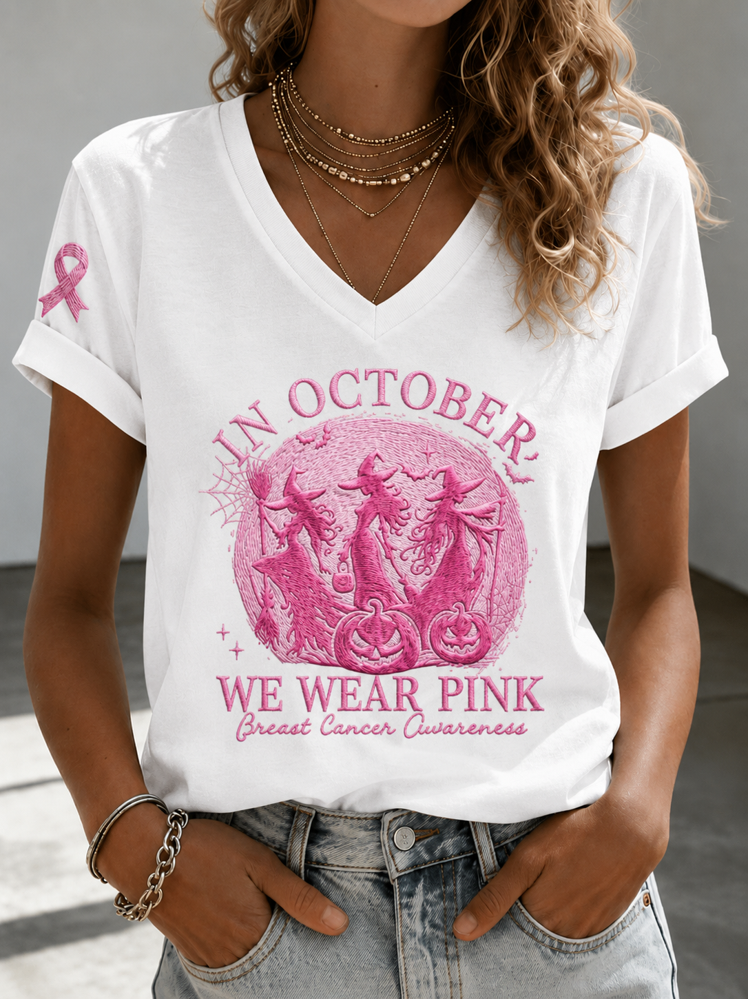 Women's V‐Neck T‐Shirt Halloween Witches Breast Cancer Awareness Faux Embroidery Graphic