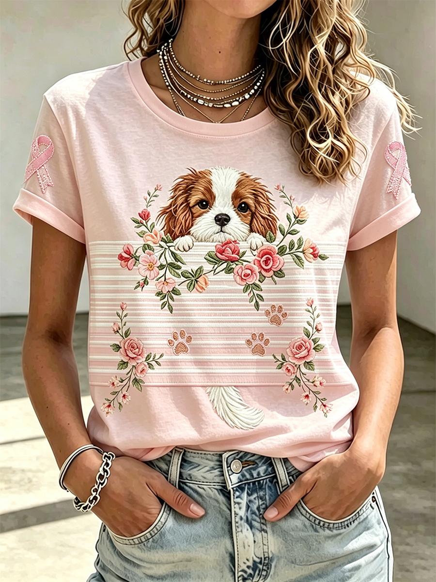 Pink Series Disease Health Awareness Public Welfare Printed Round Neck T-Shirt
