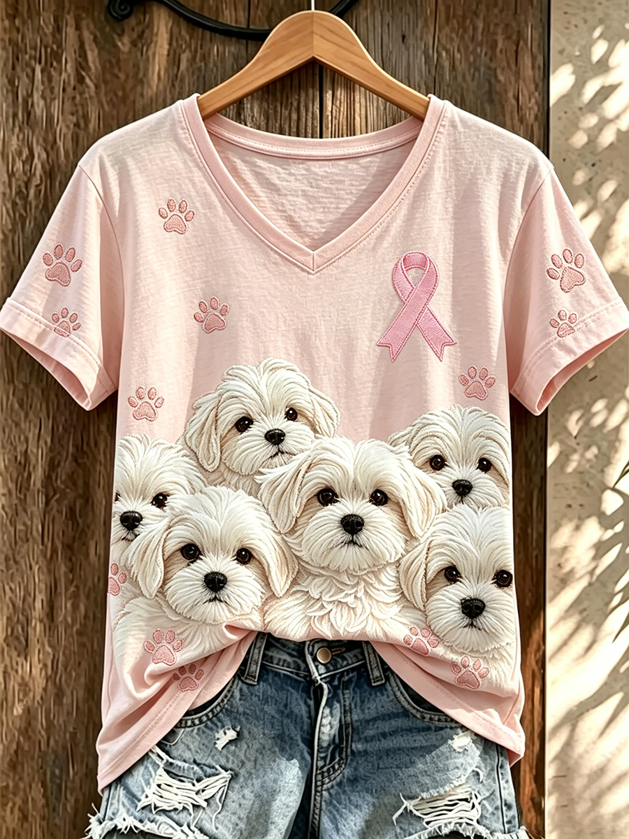 Pink Series Disease Health Awareness Public Welfare Printed V-Neck T-Shirt