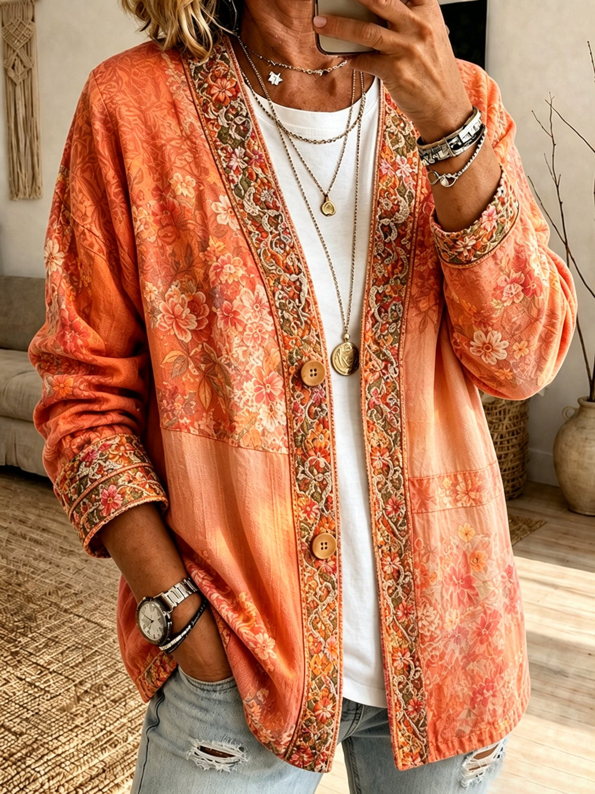 Women'S Casual Patchwork Printed Cardigan Top
