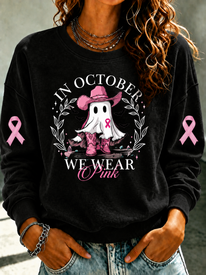 Women'S In October We Wear Pink Print Round Neck Sweatshirt