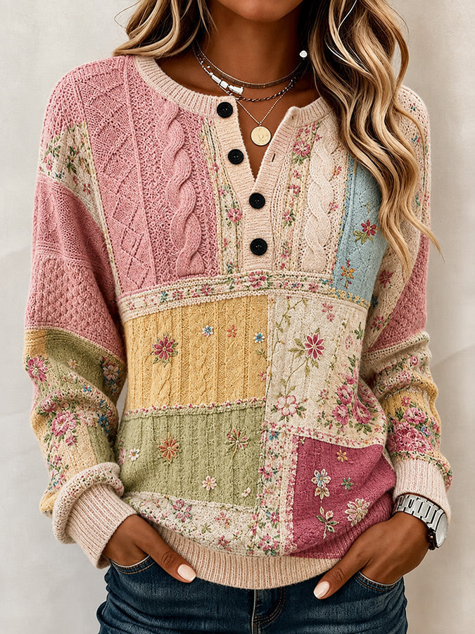 Women'S Casual Floral Print Henry Button Knit Top