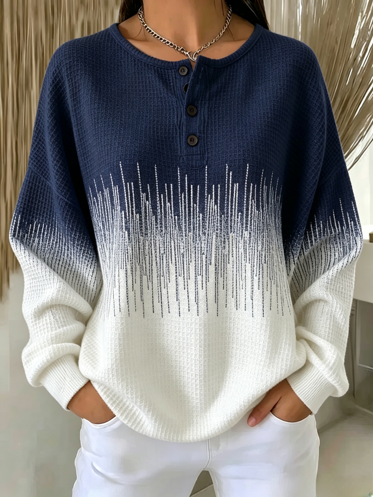 Women's Casual Waffle Striped Sweatshirt