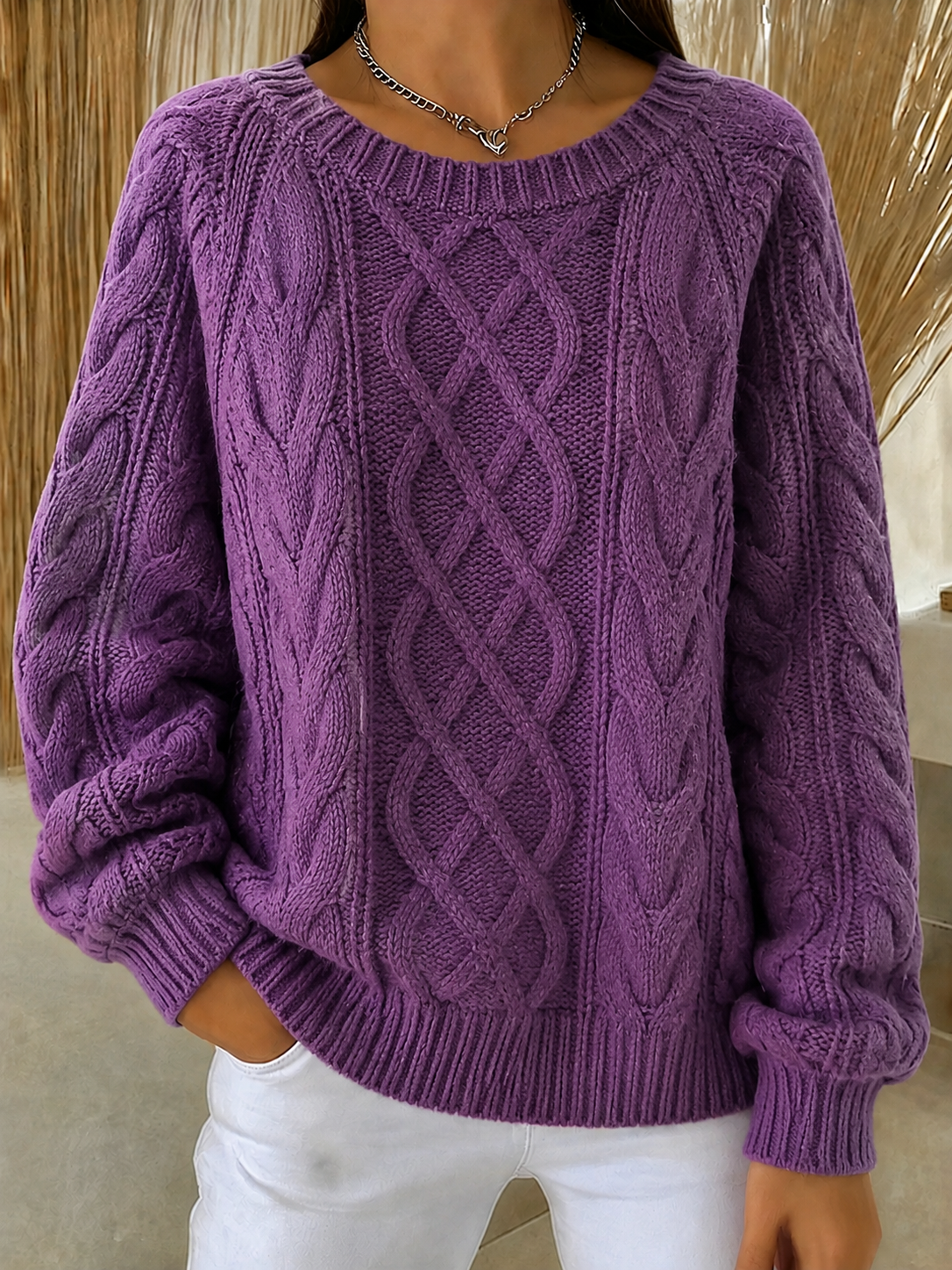 Women'S Loose Thick Twisted Solid Color Knitted Sweater